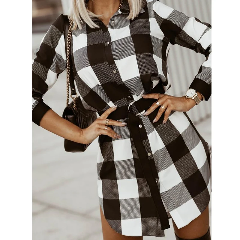 

Casual Shirt Dress Women 2021 Full Sleeve Plaid Print Spring Autumn Turn Down Collar Slim Vintage Office Ladies Vestido SJ8819M