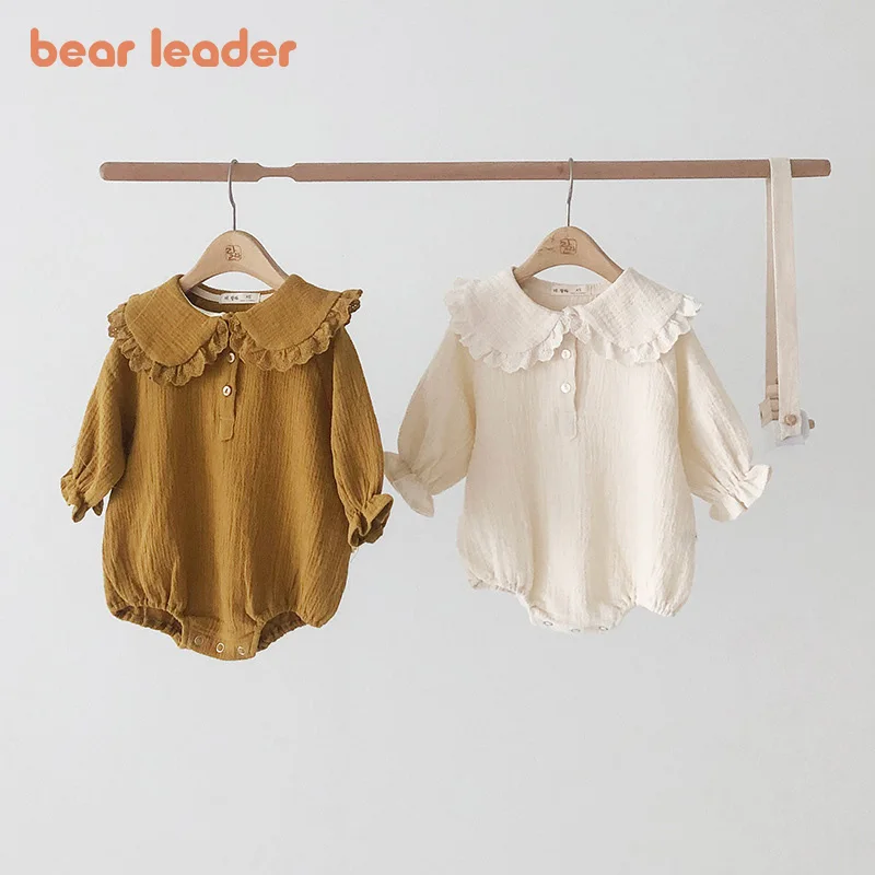 

Bear Leader spring and autumn new one-piece romper baby Mori clothes female princess lotus leaf collar solid color long romper