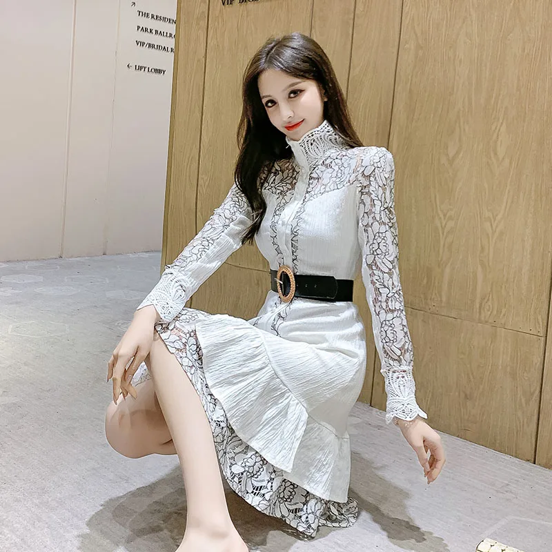 Весеннее новое французское элегантное кружевное открытое шифоновое платье