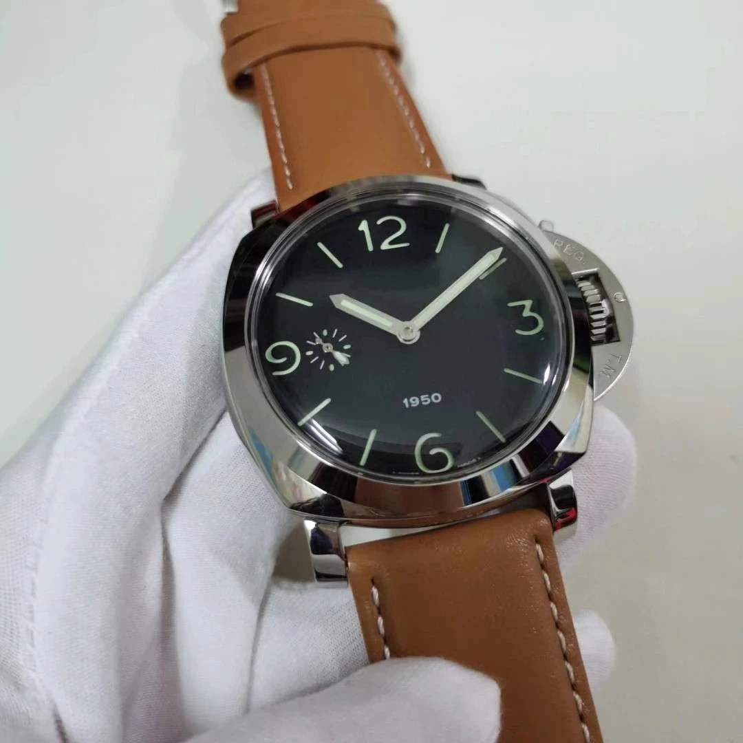 

Classic New Men Automatic Mechanical hand wind Sapphire Brown Leather Stainless Steel 1950 Watches Luminous 47mm