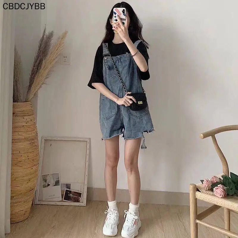 

Casual Women Pockets Loose Suspender Denim Overall Trousers Jean Jumpsuit Fashion Students Overalls Jean Suspender Short Pants