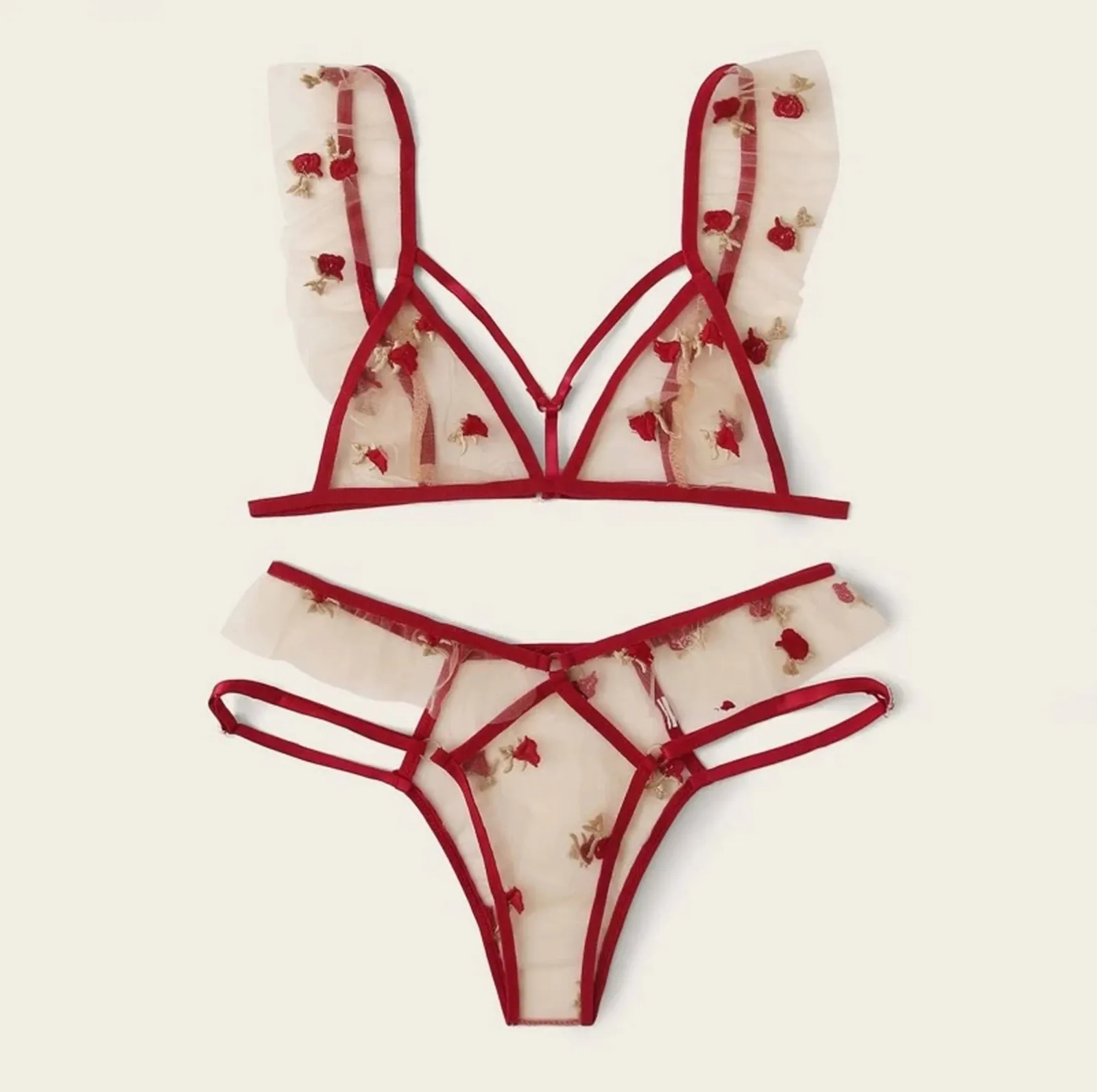 

INS Christmas underwear set Women Sexy Embroidery Lace V-neck Wireless Bra Thong Lingerie Set ensemble lingerie femme Korean F4