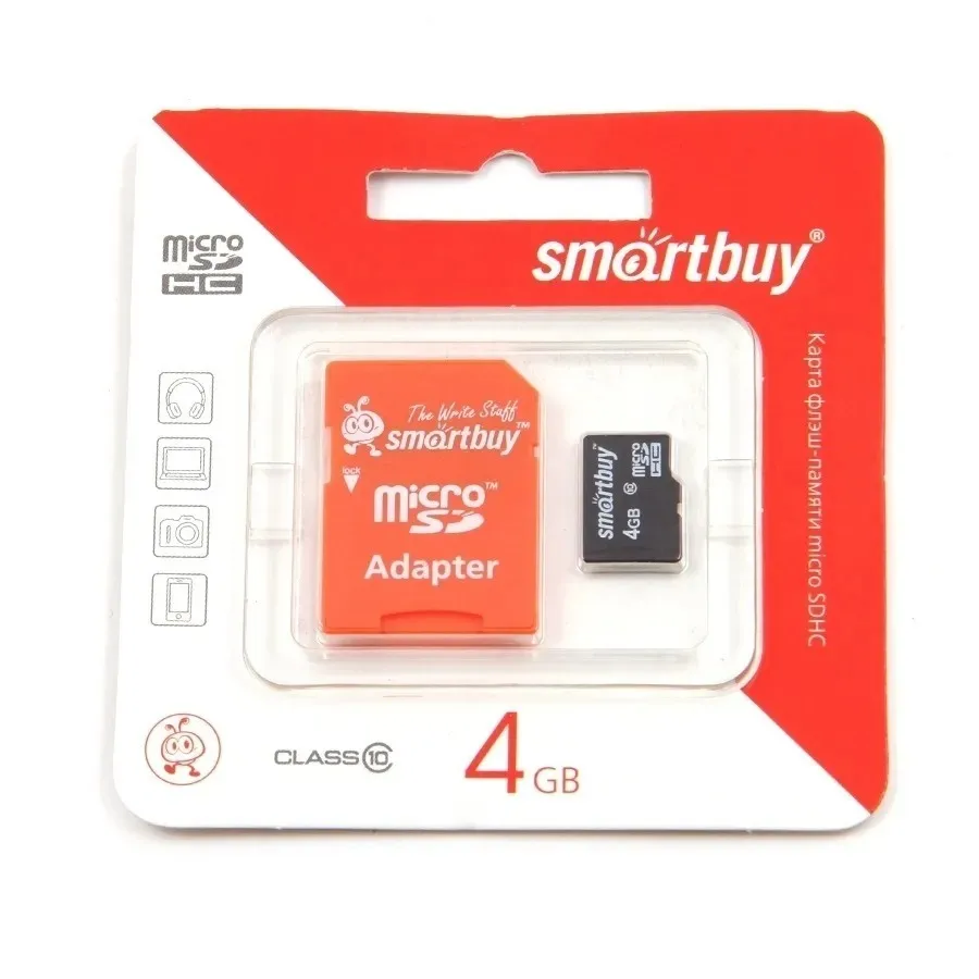 Карта памяти MicroSDHC 4GB Class 10 Smart Buy + SD адаптер  Компьютеры и