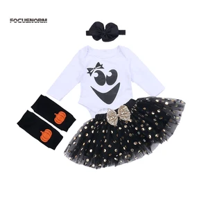 Комплекты одежды FOCUSNORM для маленьких девочек на Хэллоуин, 4 шт., комбинезон с длинным рукавом, кружевные шорты, повязка на голову, гетры