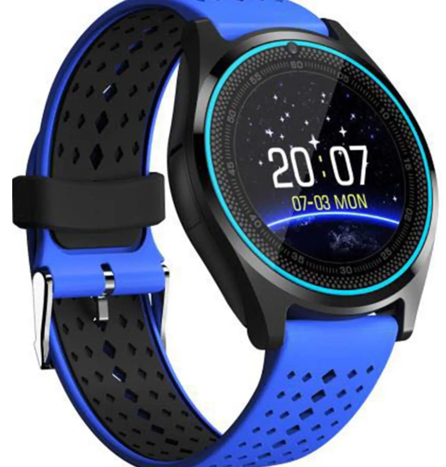 Синий Bluetooth Смарт-часы V9 с камерой, умные часы, шагомер, спортивные часы для здоровья, мужские и женские Смарт-часы для Android IOS - Цвет: Синий