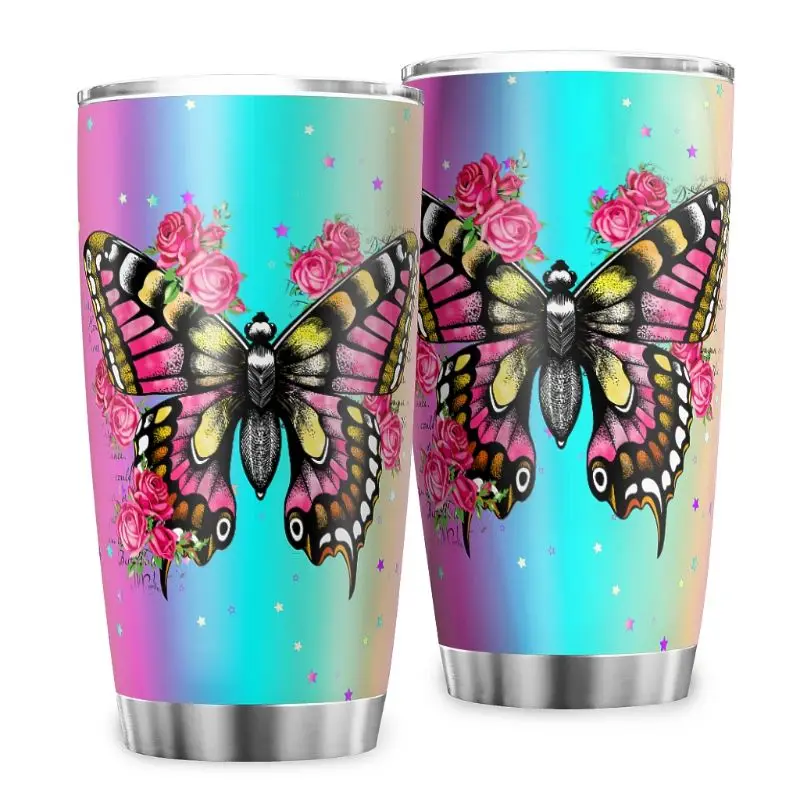 

Steel Double Walled Insulated 20 oz, Butterfly, Thermos Tumbler Car Cup Travel Mug Hot and Cold Drink for Running Cycling Gifts