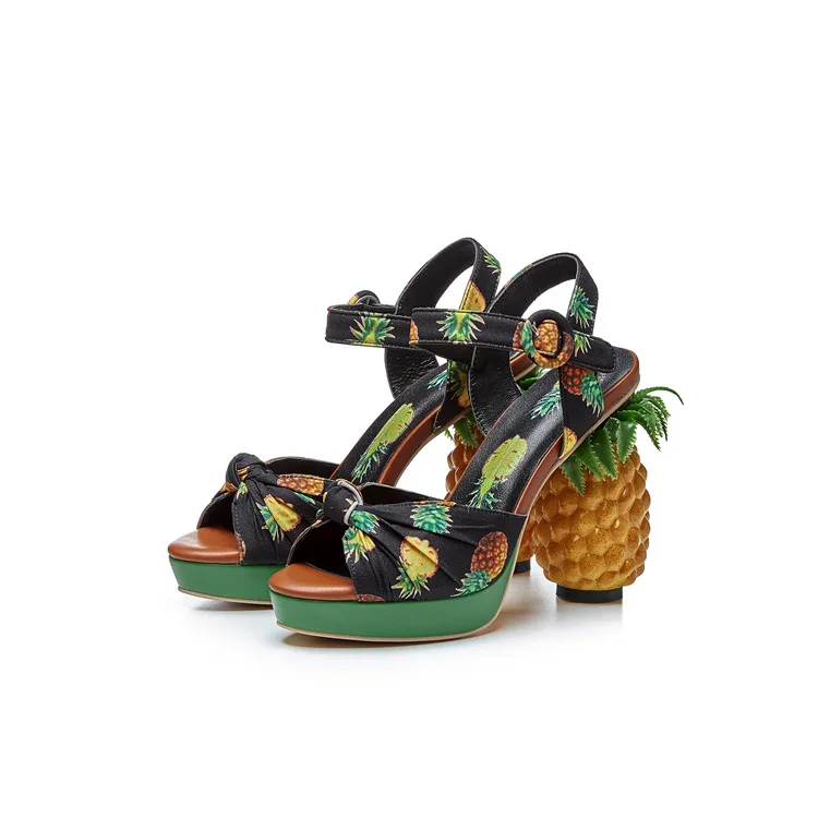 

Summer new printing large fish mouth shoes waterproof platform super high heel ankle buckle pineapple heel women's ROMAN SANDALS