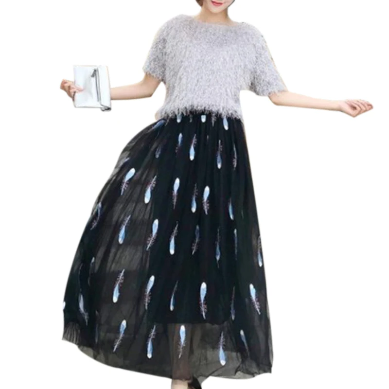 Юбка женская сетчатая с вышивкой длинная кружевная юбка завышенной талией