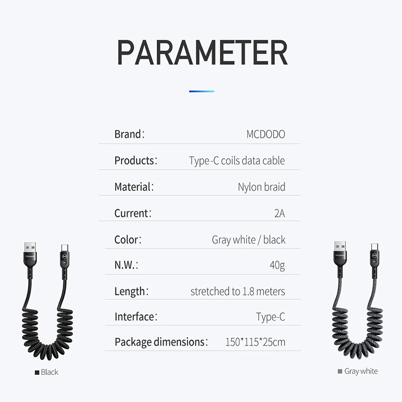 Mcdodo 1 8 м пружинный удлинитель стационарный USB-кабель Тип C для Samsung Huawei P30 Pro Xiaomi Phone
