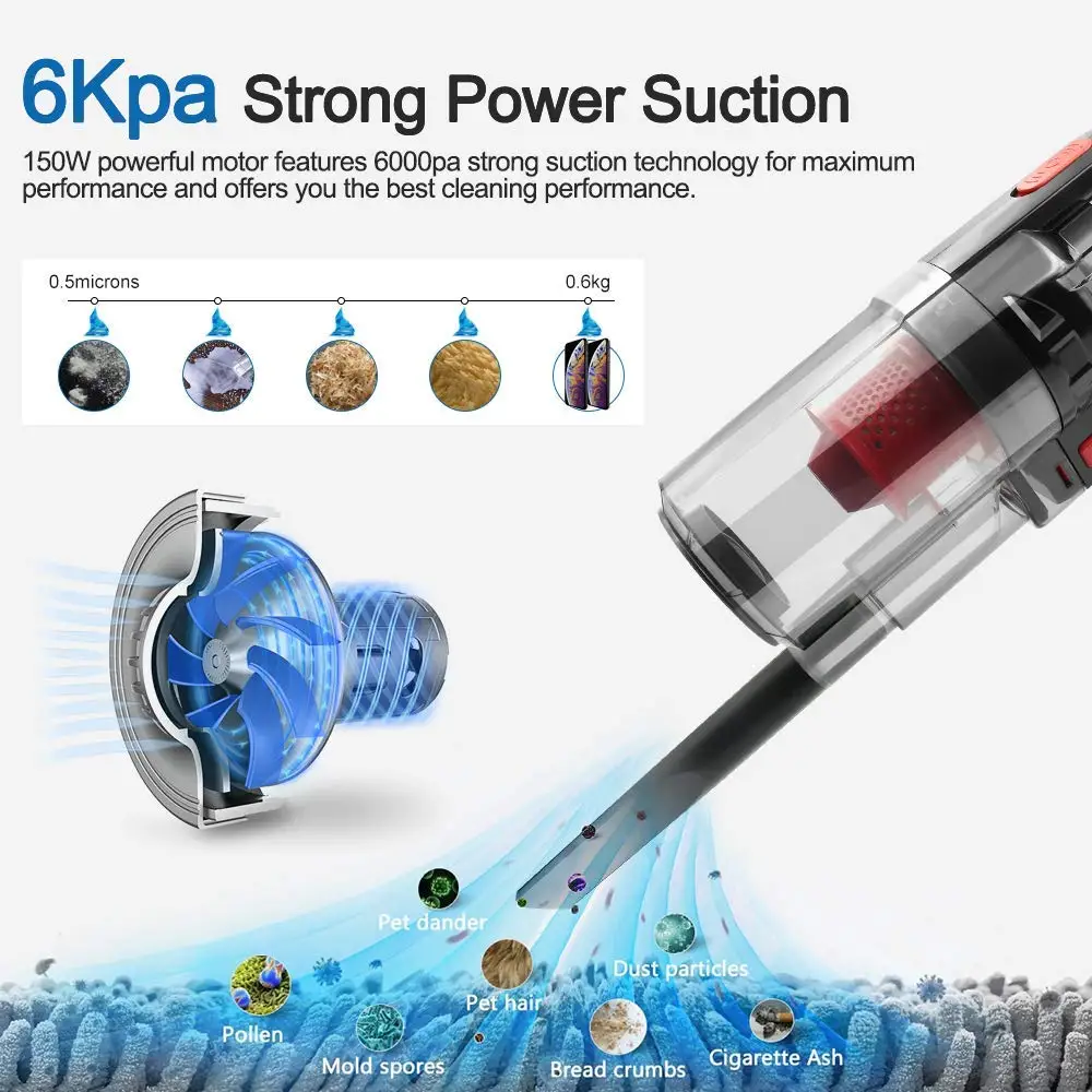 Автомобильный пылесос легкий портативный DC 12V проводный 150W 6000PA мощная мощность