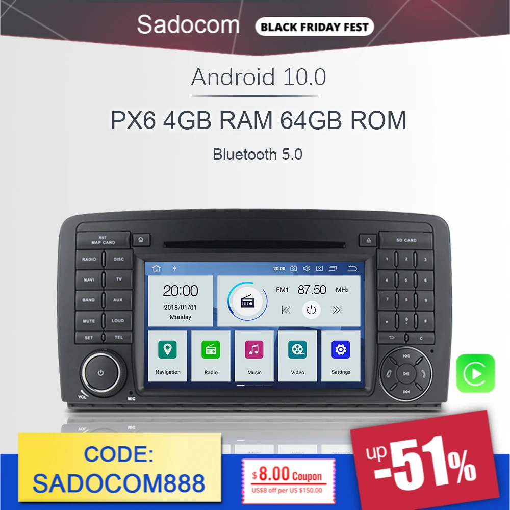 Автомагнитола PX6 2 Din Android 10 0 6 ядер 64 ГБ 4 Гб для Benz W251 R280 R300 R320 R350 R500 2006-2016 |