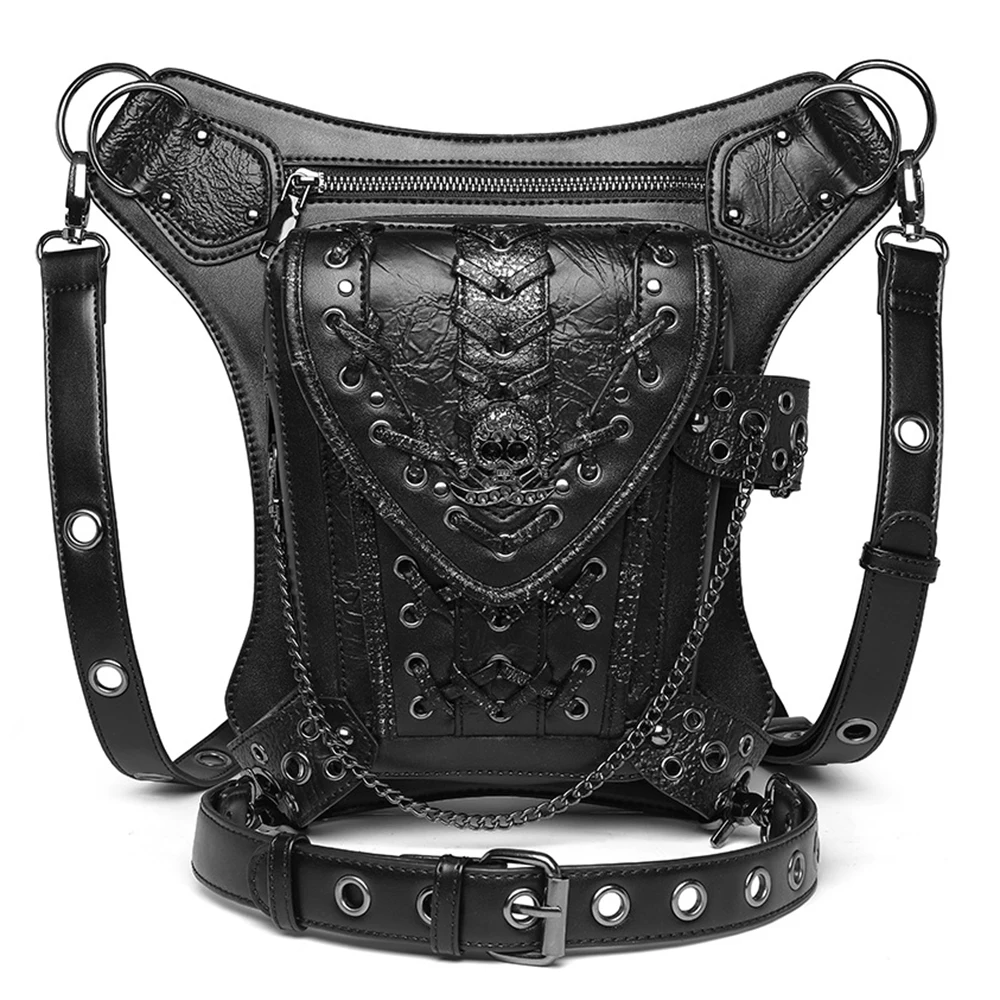 

Summer Steampunk Style Chain Waist Bag For Women 2021 Skull Design Shoulder Messenger Bag Men Travel Change Pocket Leg Purses
