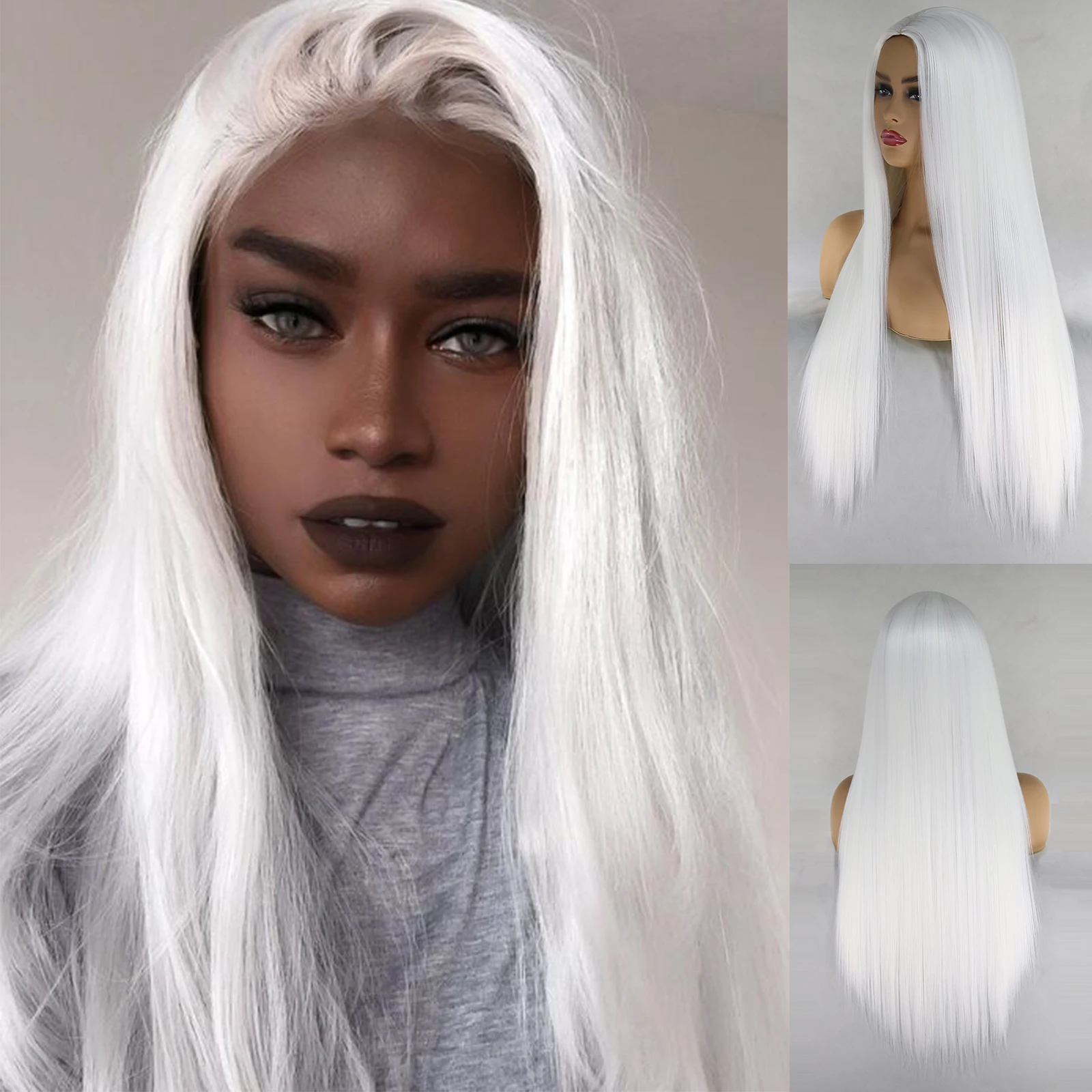 

BTWTRY Платиновый белый парик, синтетический парик, парики машинной работы для чернокожих женщин, термостойкие волосы, прямые волосы, средняя ...