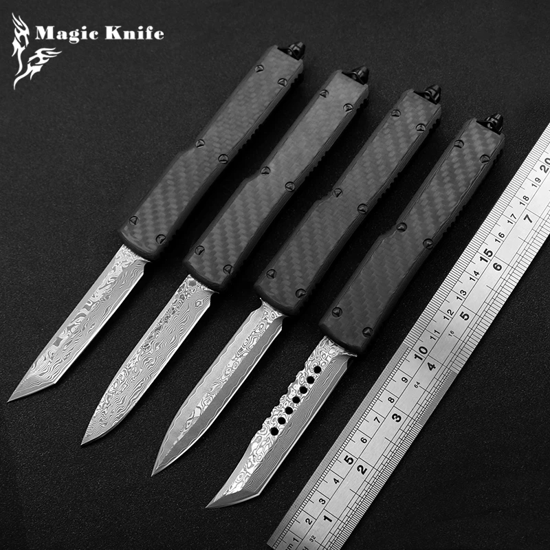 Magic UT UT85 Damascus Blade OTF Hunting Survival Knife (CNC) Carbon Fiber + Aviation Aluminum Handle Outdoor Travel EDC Tool