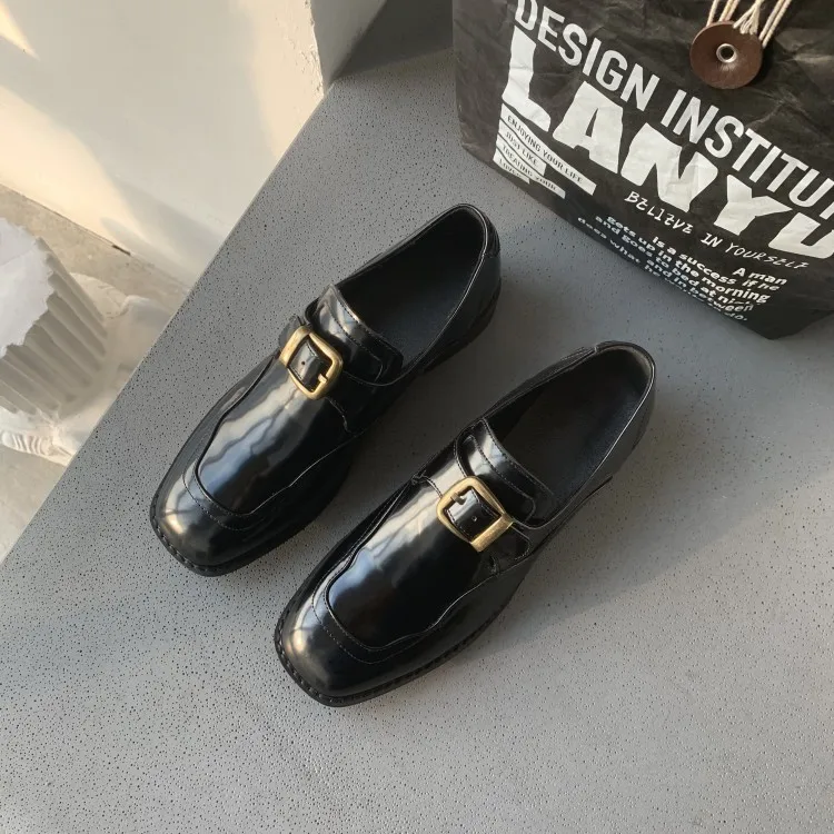 

MLJUESE 2020 women pumps autumn spring patent leather square toe buckle strap low heels lady shoes party dress size 40