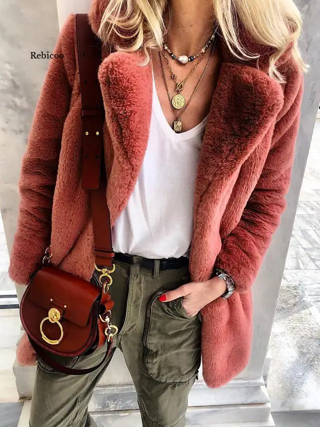 Women's Faux Fur Coat Going out Fall & Winter Long Coat Regular Fit Jacket Long Sleeve Solid Colored Red Navy Blue