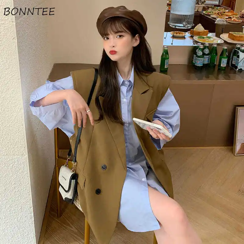 

Waistcoats Women College BF Trendy All-match Outwear New Pure Pockets Spring Daily Temperament Vest Long Coat Ulzzang Sleeveless