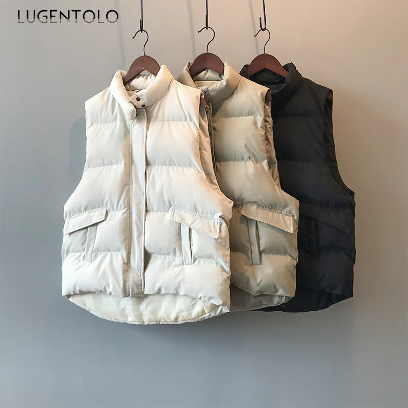 

Женский жилет Lugentolo, зимнее теплое пальто, новая Корейская простая свободная одежда со стоячим воротником, повседневные пальто с карманами, ...