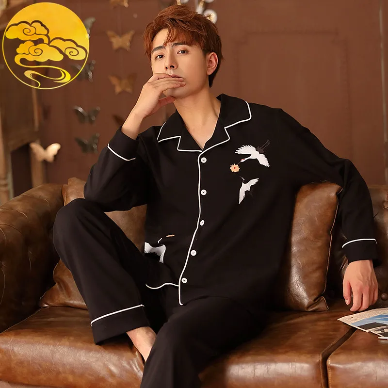 

Spring Autumn Knitted Cotton Long Sleeved Men's Pajama Sets Sleepwear Men Pyjamas Sleep&Lounge Male Leisure China Style Homewear