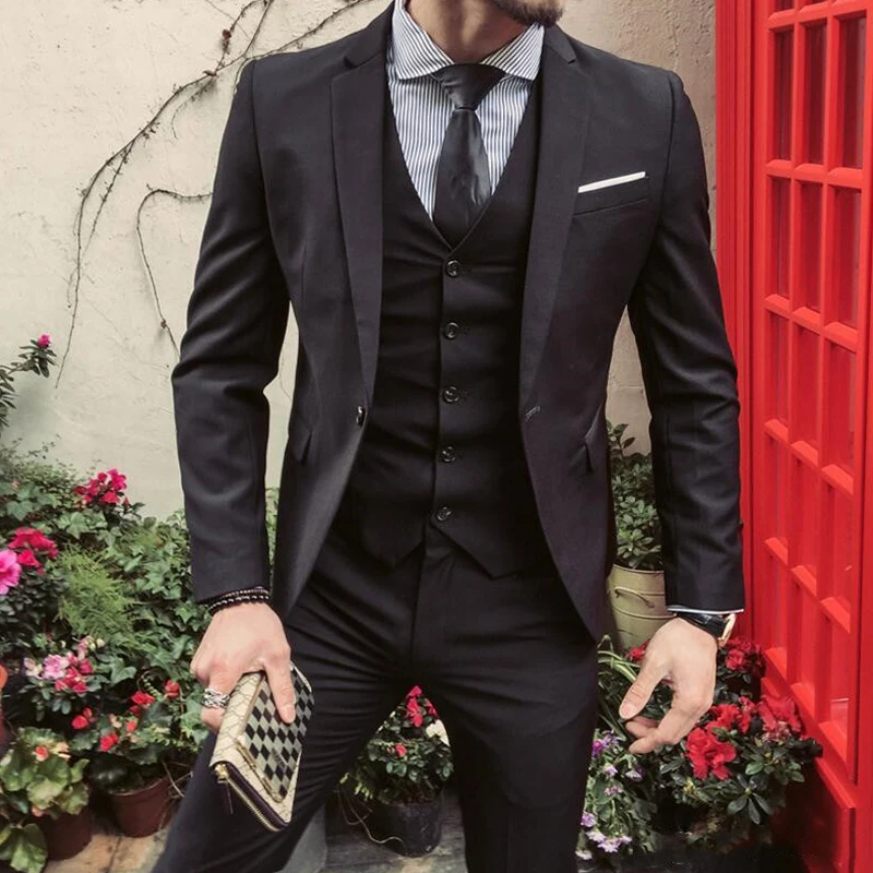 

Slim Fit Men Suits Groom Blazer Custrom Made 3 Pieces (Black+Jacket+Vest+Pants) Wedding Suit Man Slim Fit costume homme mariage