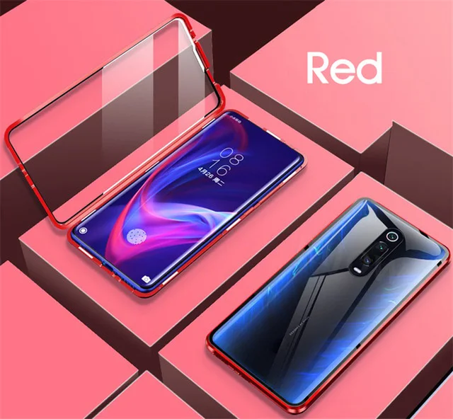 RED Металлический магнитный адсорбционный чехол для Xiao mi Red mi K20 Pro, двойное закаленное стекло, полный магнит, чехол s mi 9T Pro, чехол с подушкой безопасности s Global - Цвет: RED