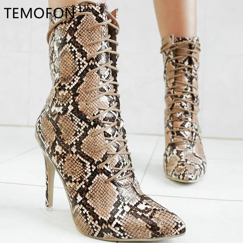 TEMOFON high heels boots women pointed toe PU leather ankle female lace up winter shoes leopard ladies 2020 HVT1408 | Обувь