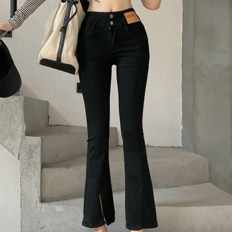 

2021 Autumn Jeans New High Waist Slim Versatile Elastic Nine Point Flared Pants Split Straight Jeans Women's Fashion
