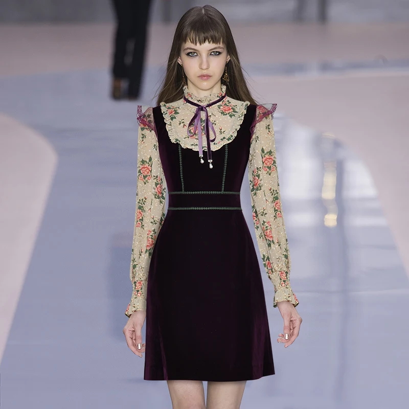 

Женское бархатное платье с цветочным принтом, элегантное шифоновое платье знаменитого бренда с воротником-бантом, длинными рукавами, оборк...