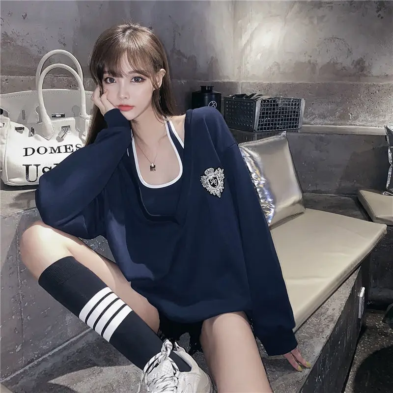

Autumn Lady Female Blue Sexy Girls Party Loose Sweatshirts Fashion High Street New BF Cool Harajuku Oversized Hoodie Tops