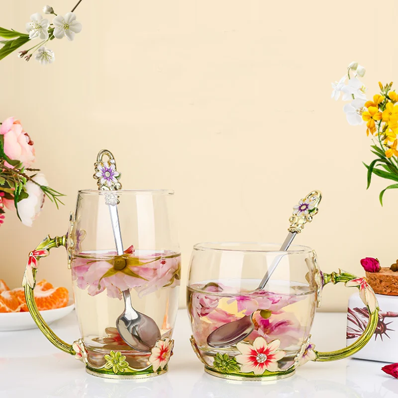

Chrysanthemum Carved Flowers Enamel Glass Water Cup Heat-resisting Tea Coffee Cup Women's Creative Gift Cup Transparent Crystal