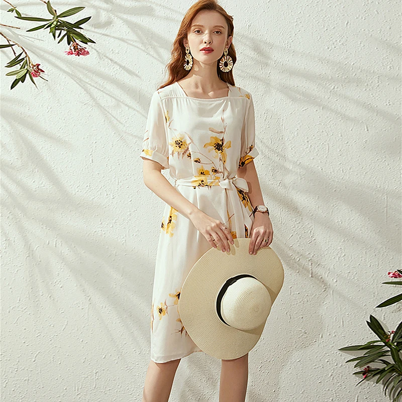 100% Silk Dress Strap Two-piece Printed Cross O Neck Short Sleeves belt Body Special Design Dresses Elegant New Fashion Style | Женская