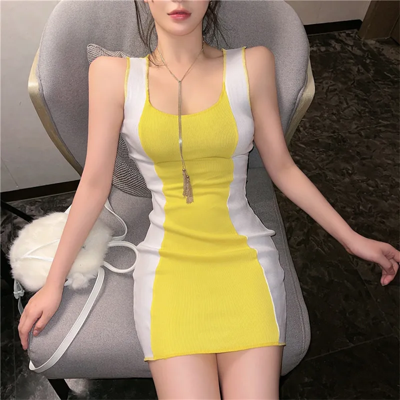 

2022 new fashion ladies sexy slim bag hip colorblock vest dress
