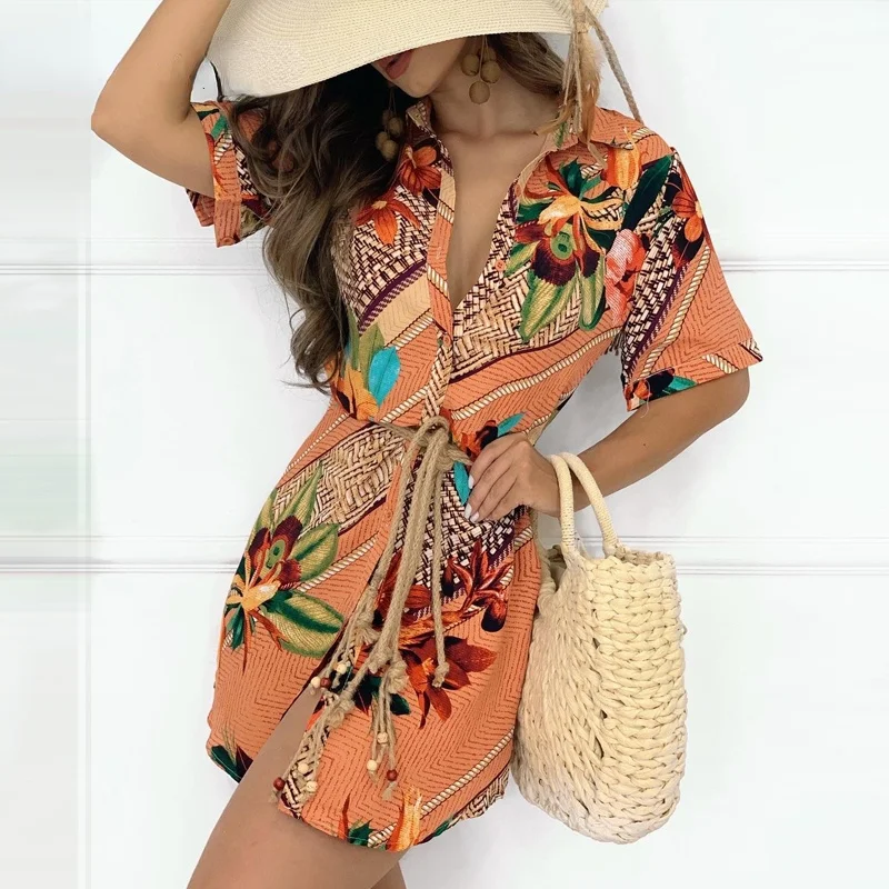 

Женское платье-рубашка на пуговицах с графическим тропическим принтом и коротким рукавом, мини-платье для отпуска, 2021