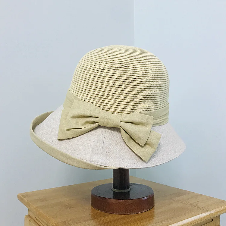 

Spring and summer leisure vacation straw cloth combined with bow-knot female fisherman hat pot hat sunscreen beach straw hat
