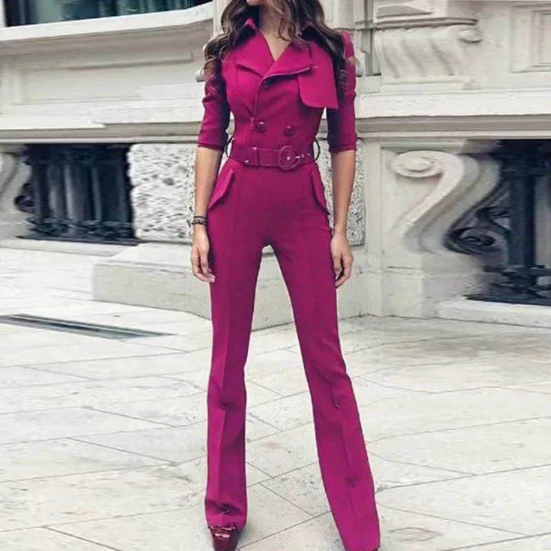 

Fall New Style Double Breasted Pocket Belt Slim Fit Temperament Long Sleeve Long Jumpsuit Women'S Clothing High Quality Fashion