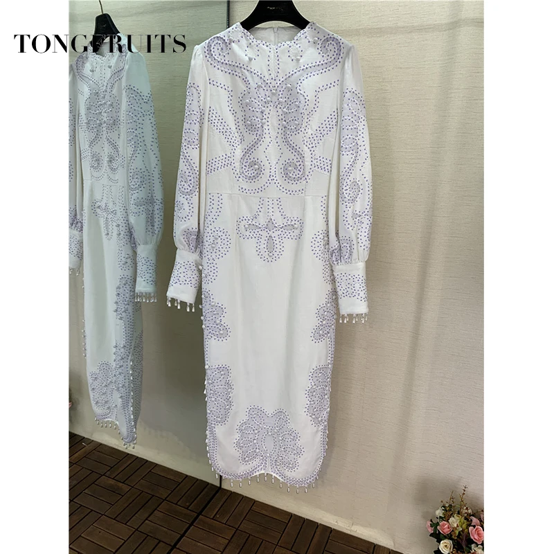 Премиум класса с вышивкой и бахромой платье осень Для женщин круглым вырезом