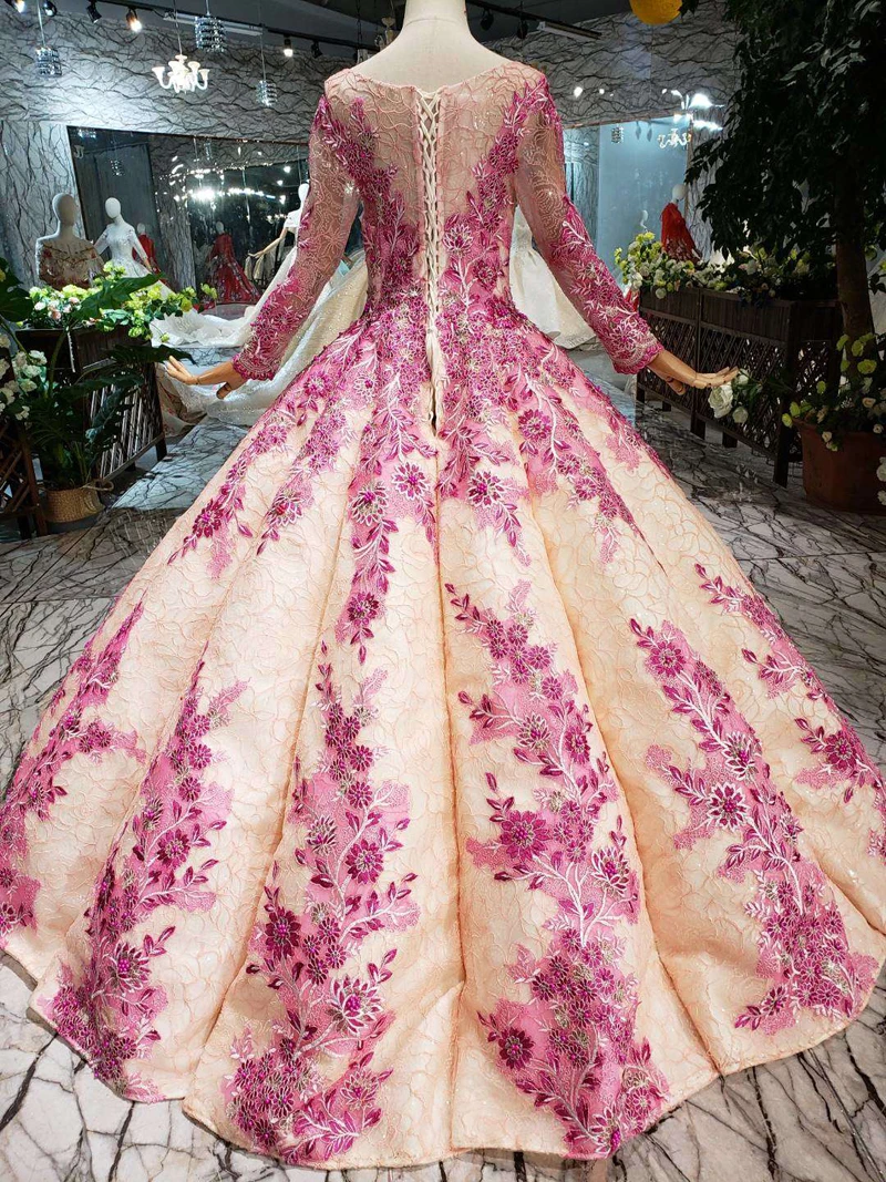 BGW 325ht Ball Gown Tassel Prom Dresses With Pink Flowers Floor Length O-neck Long Sleeves Muslim Swollen Pleat Evening Dresses