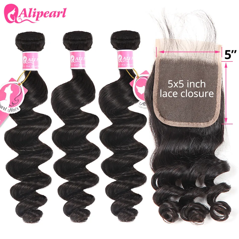 Свободные волнистые в наборе с бразильские волосы закрытием 3 пучки 5x5 закрытие