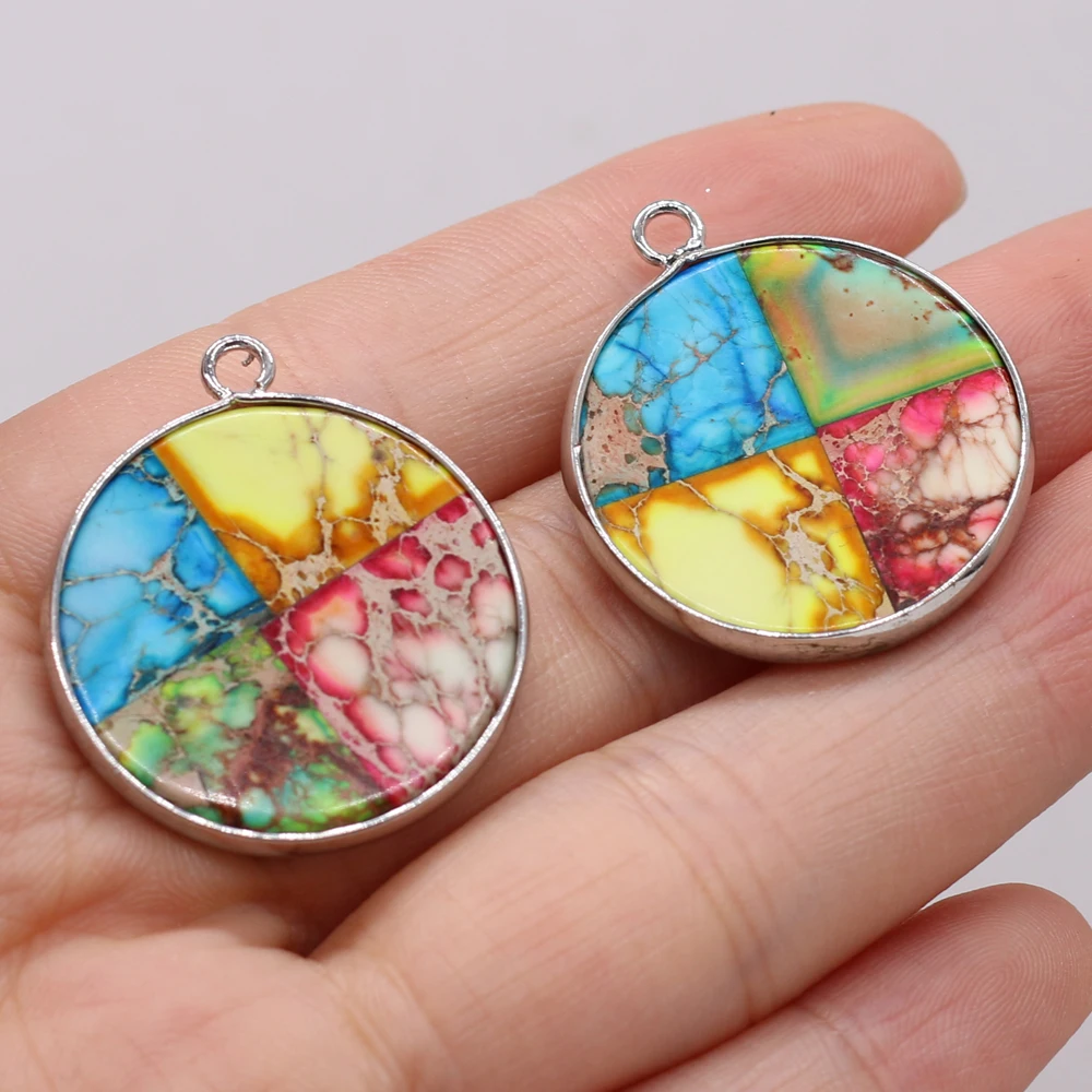 

2021Natural stone Emperor Stone Round Silver Plated Four-color Splicing Pendant Crafts MakingDIY Necklace Jewelry Accessory Gift