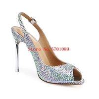 multi color rhinestone sandals stiletto heel 10cm peep toe buckle crystal shoes slingbacks wedding sandals 35 41