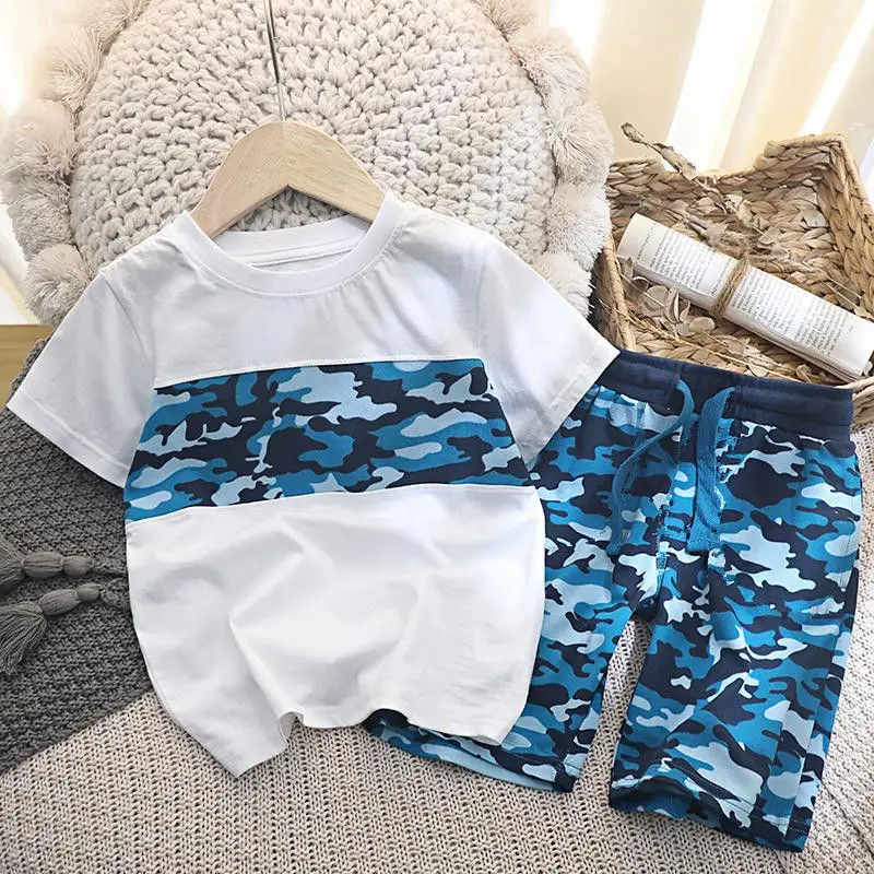 

Teenager Boys Summer Casual Printing Children's 2021 Summer Baby Camouflage Kid Sports Suit Short-sleeved Shorts Two-piece Set