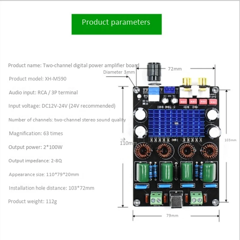 

XH-M590 Stereo Digital Audio Power Amplifier TPA3116D2 Audio Amplifier Board Dual 100W High Power 12-24V