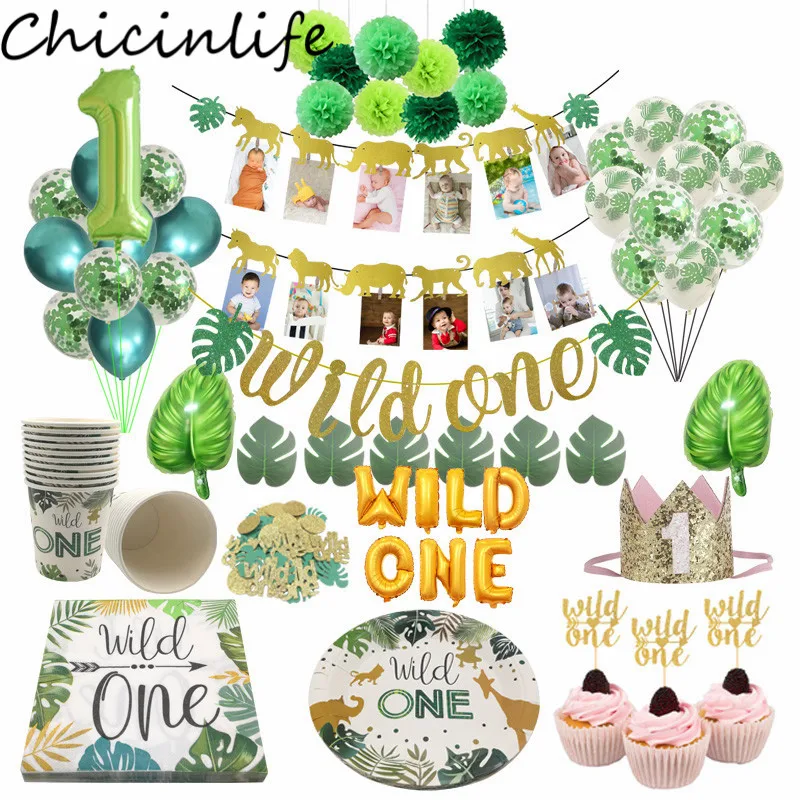 

Chicinlife Wild One Theme Disposable Tableware Banner Cupcake Topper Palm Leaf Balloon Kid 1st Birthday Party Decoration Supplie