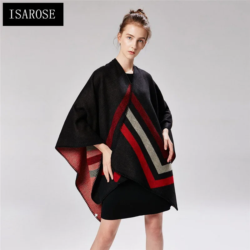 

ISAROSE Trendy Shawls for Women Three Striped Cashmere Yarn Dyed Fabric Jacquard Female Poncho Scarf Wrap Cardigan Tops Capes