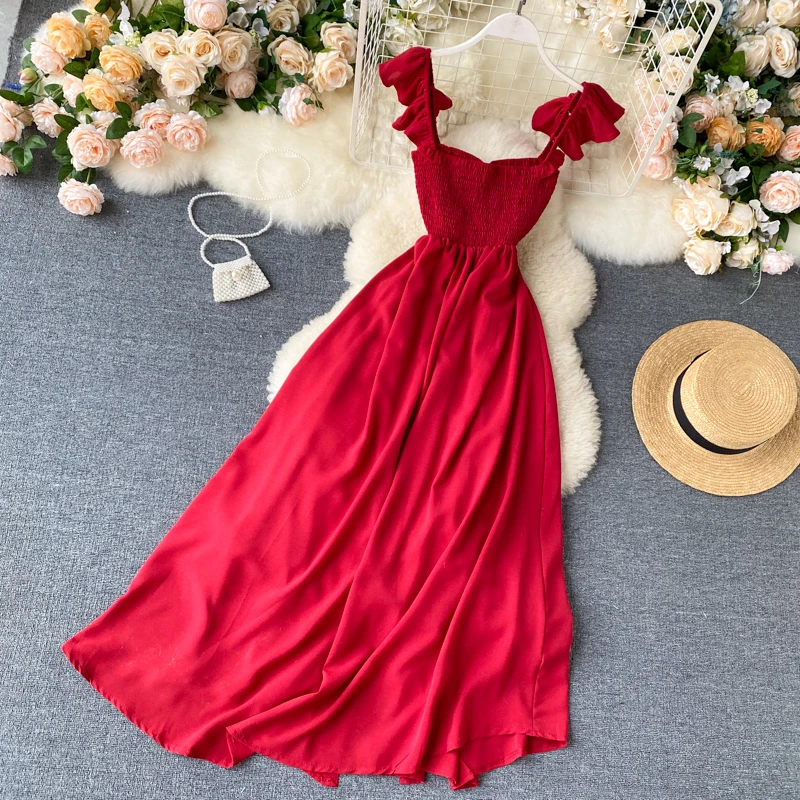 Summer Dress 2020 Fashion New Women Ruffle Layer Spaghetti Strap High Waist Long Rode Ladies Hem Slit Sexy Slim Dresses Vestidos | Женская
