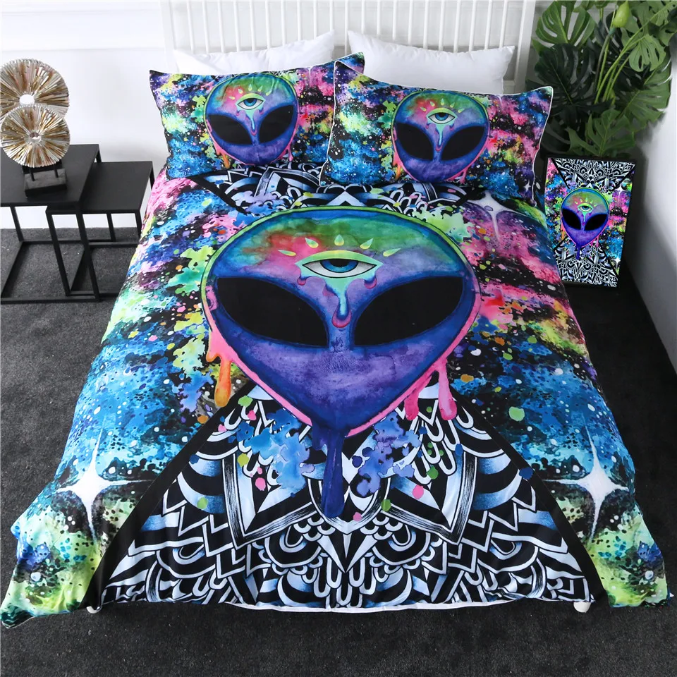 Комплект постельного белья Trippy Alien by Brizbazaar, акварельный колдовский пододеяльник, набор постельного белья "Третий глаз", 3 шт., покрывала "Мандала блюдце"