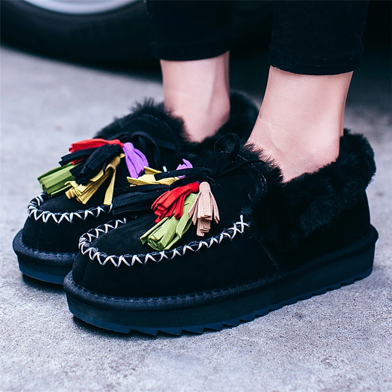 

Новинка, зимние теплые женские сапоги из шерсти на толстой подошве, мягкие бычьи сапоги из Sudue с кисточками, женская обувь на платформе, лофе...