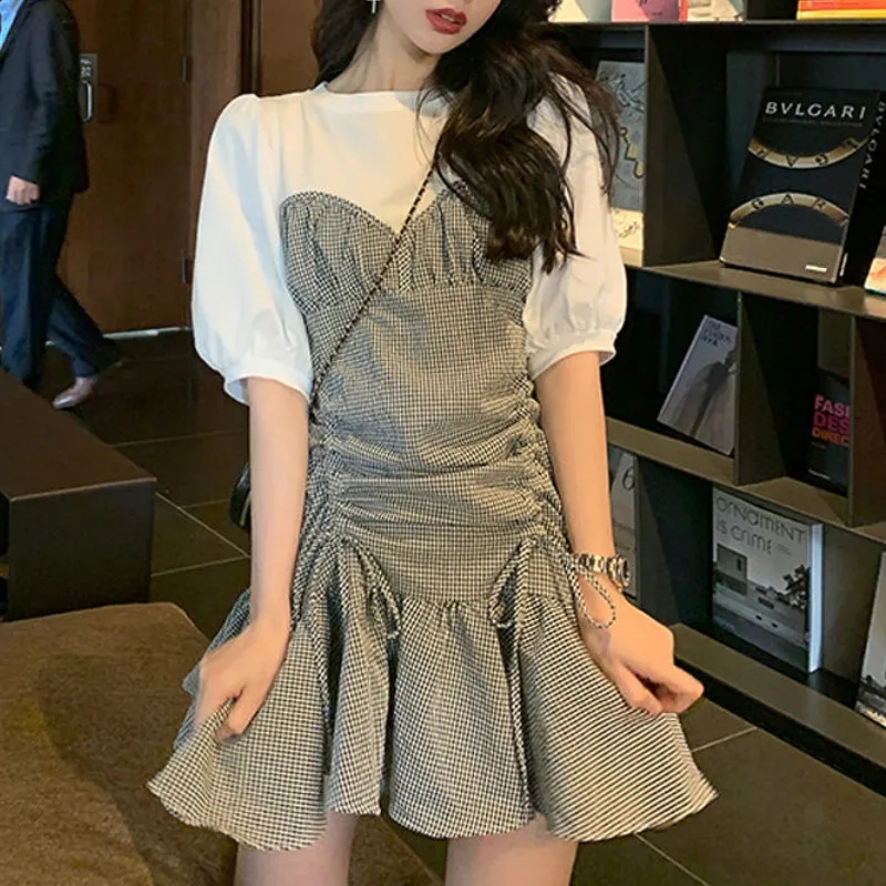 

Elegant Summer Women Korean Cute Preppy Puff Sleeve A-line Dress Chic Patchwork Dresses Popular Fashion Holiday Empire Sundress
