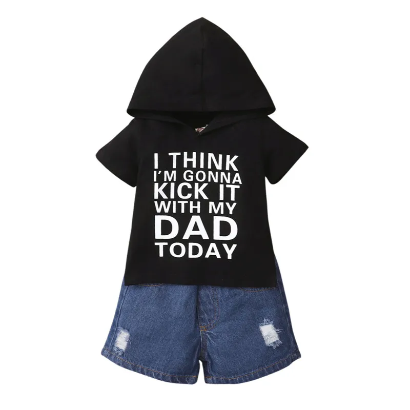 

2Pcs Fashionable Little Boys Outfit, Summer Toddlers Creative Short Sleeve Letter Printing Hooded Top + Denim Shorts Set
