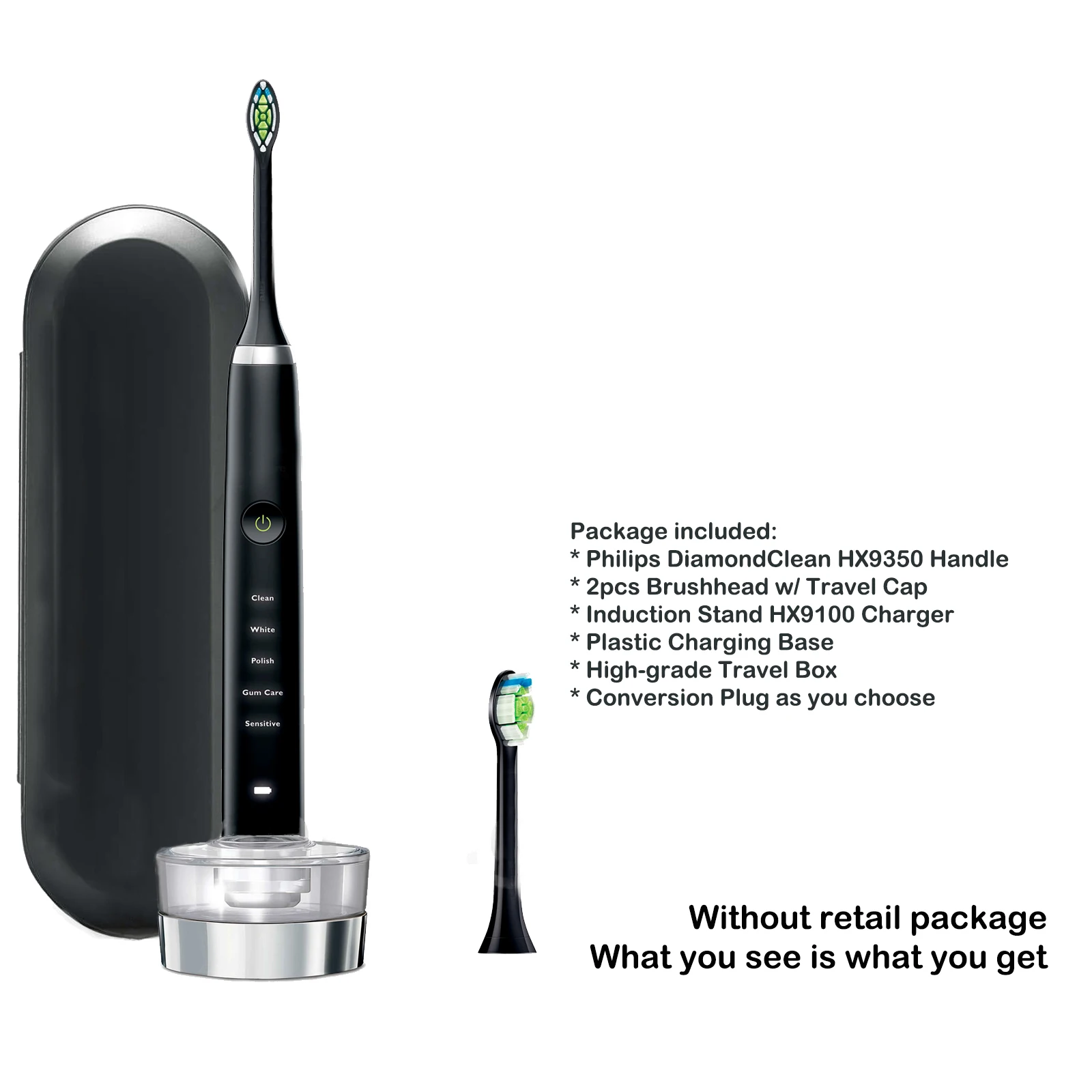 

For Sonicare DiamondClean Electric Toothbrush HX9350 Black 2 brush heads HX939B HX939W HX9340 HX9352 HX6063 w/o Retail Box